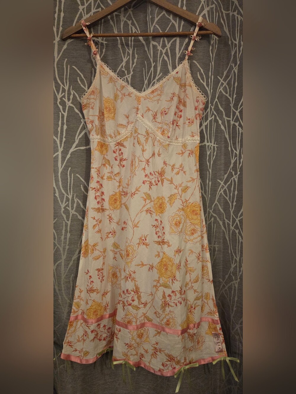 Lollia Floral Cotton Slip Dress in Cream with Yellow & Pink Roses. Size M
